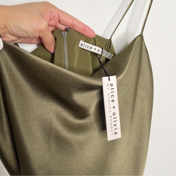 Alice & Olivia Harmon Olive Green Satin Cowl Neck Bodysuit - Picture 5 of 10